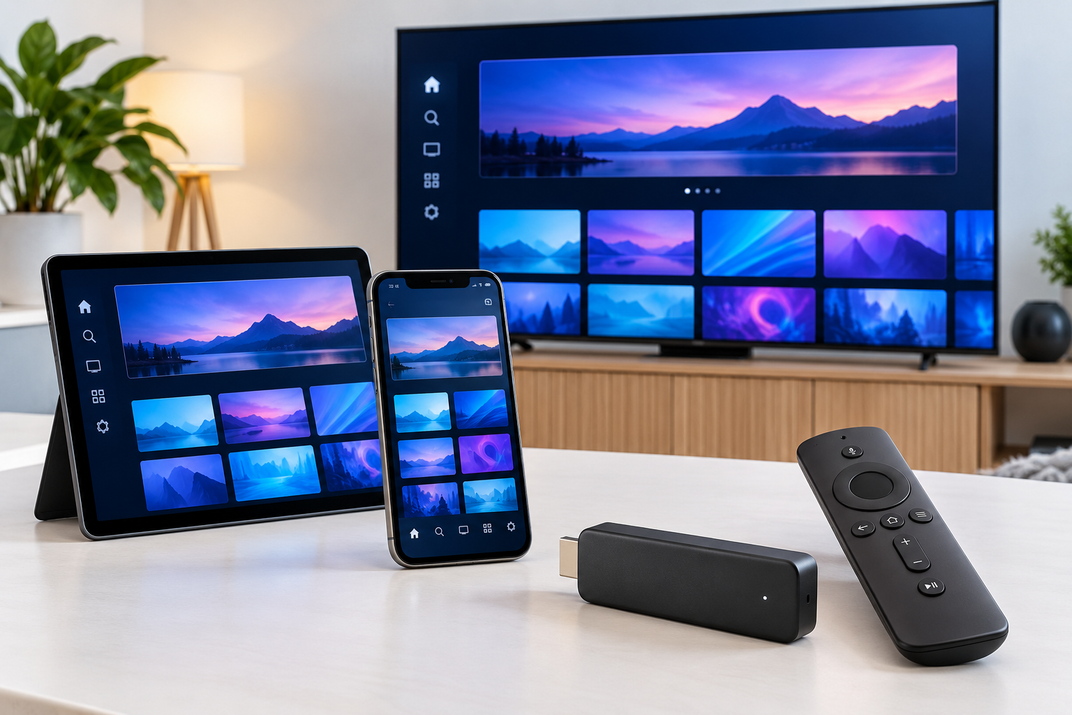Télévision, tablette, téléphone, clé HDMI et télécommande génériques pour l'installation IPTV